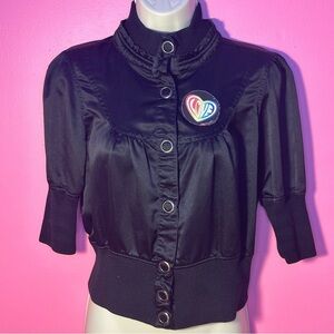Satin Cropped Button-Up Jacket - Fitted Waist - Black - Kids(Teen) Large